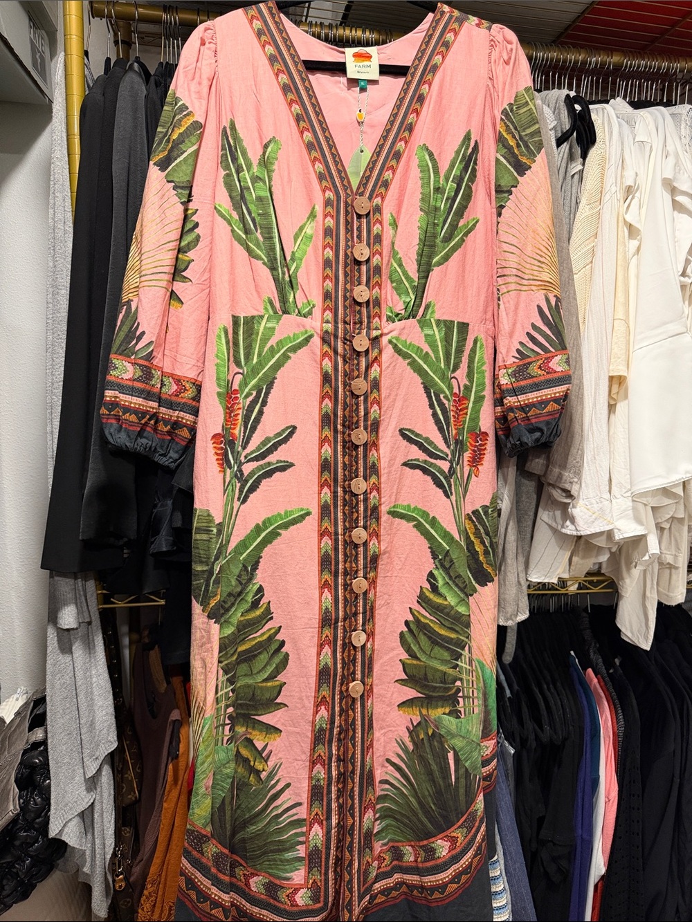 FARM Rio Pink Maxi Dress with Green Tropical Leaf Print